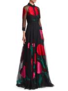 Carolina Herrera Collared Embroidered Rose Gown