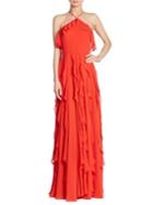 Kay Unger Solid Ruffled Halterneck Gown