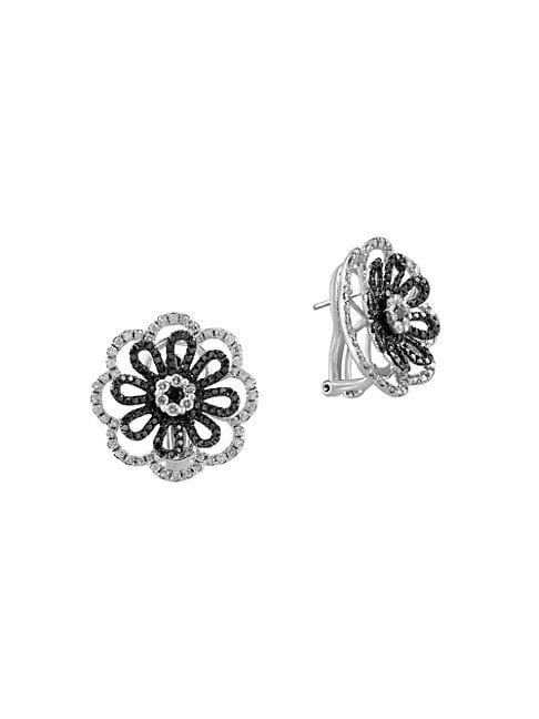 Effy 14k White Gold Diamond & Black Diamond Floral Earrings