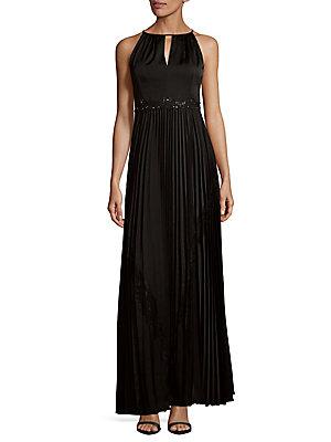 Adrianna Papell Pleated Satin Halter-neck Gown