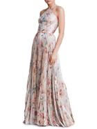 Marchesa Floral Pleated Halter Gown