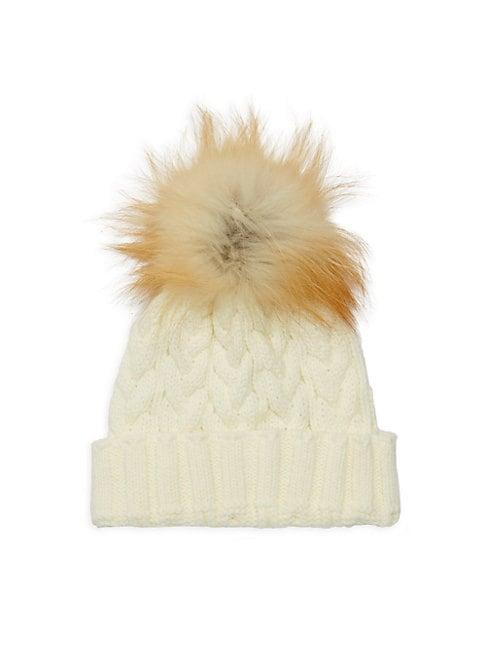 Adrienne Landau Fox Fur Pom Pom Cable-knit Hat