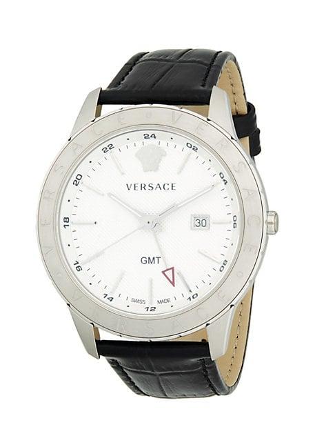 Versace Analog Stainless Steel Leather Strap Watch