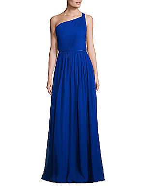 Adrianna Papell Pleated Silk One Shoulder Gown