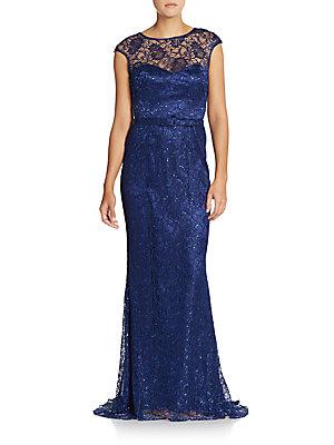 Theia Metallic Lace Floor-length Gown