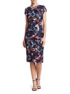 Theia Short-sleeve Ruched Floral Sheath