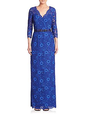 Teri Jon Embellished Floral Lace Gown