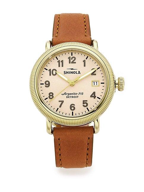 Shinola Runwell Coin Edge Goldtone Stainless Steel & Leather Strap Watch