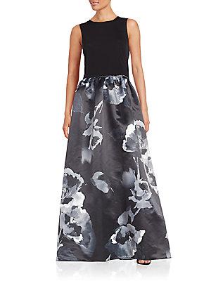 Aidan Mattox Jersey-bodice Floral A-line Gown