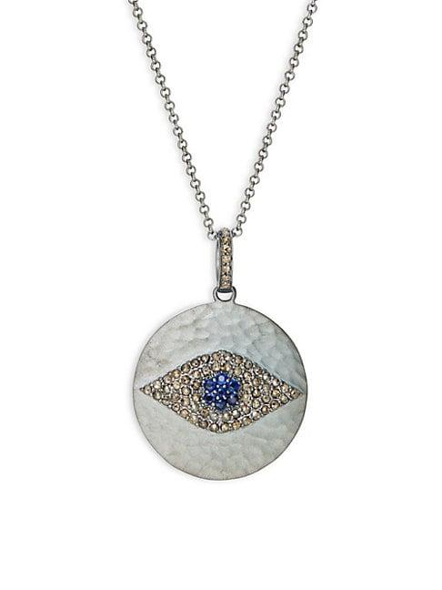 Bavna Sterling Silver Diamond & Sapphire Hammered Circle Eye Pendant Necklace