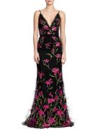 Marchesa Floral Embroidered Feather-trim Gown