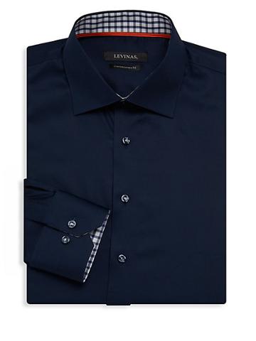Levinas Contemporary-fit Gingham-trim Solid Dress Shirt