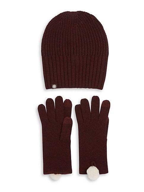 Ugg Australia Two-piece Rib-knit Hat And Faux Fur Pom Gloves Set