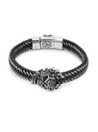 Jean Claude Stainless Steel & Leather Braided Skull Pendant Clasp Bracelet