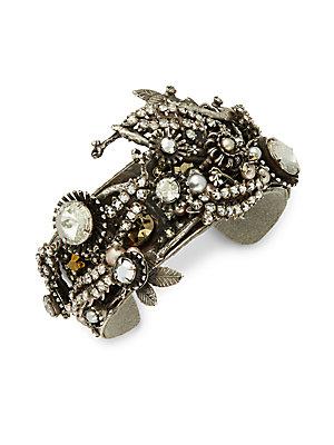 Miriam Haskell White/gray Round Japanese Pearl & Crystal Leaf Cuff Bracelet