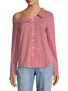 Lea & Viola Stripe One-shoulder Cotton Button-down Shirt