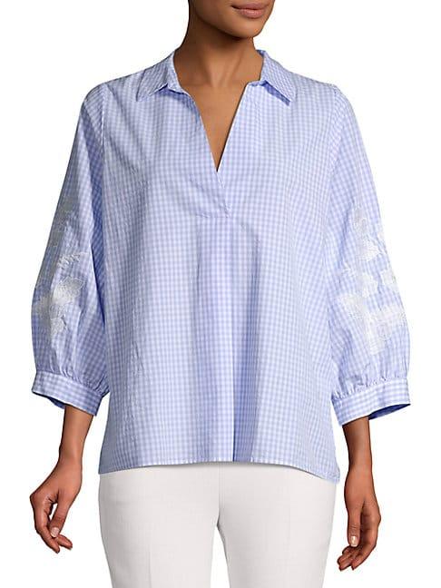 Karl Lagerfeld Paris Embroidered Gingham Cotton Top