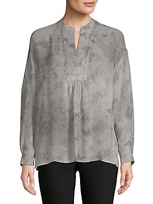 Vince Watercolor Shirred Silk Blouse