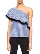 Milly Striped One-shoulder Cotton & Silk-blend Top