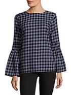 Beach Lunch Lounge Plaid Bell Sleeve Cotton Top