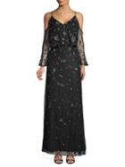 Adrianna Papell Beaded Cold Shoulder Gown
