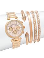 Adrienne Vittadini Goldtone Crystal Accented Bracelet Watch Set