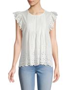 English Factory Pintucked Flutter-sleeve Eyelet Top
