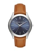 Michael Kors Slim Runway Silvertone Stainless Steel And Leather Strap Watch