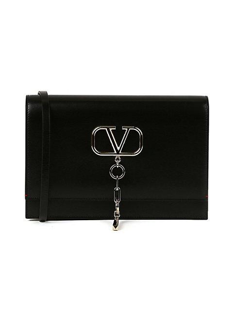Valentino Garavani Vchain Logo Flat Leather Shoulder Bag