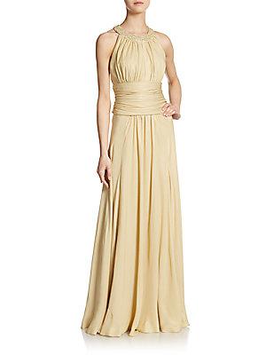 Carmen Marc Valvo Collection Embellished-collar Silk Gown