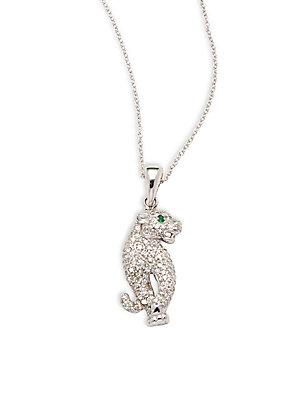 Effy Diamond Emerald & 14k White Gold Panther Pendant Necklace