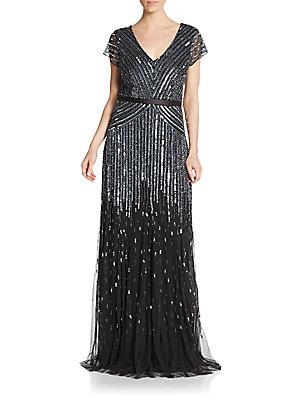 Adrianna Papell Beaded Short Sleeve Gown