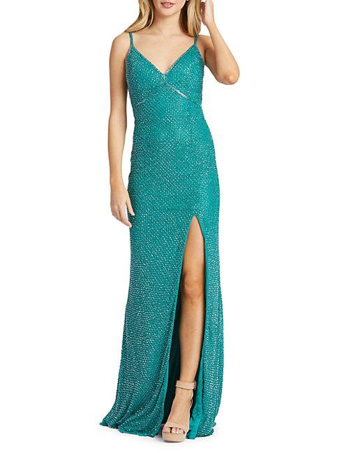 Mac Duggal Lattice Front-slit Beaded Gown