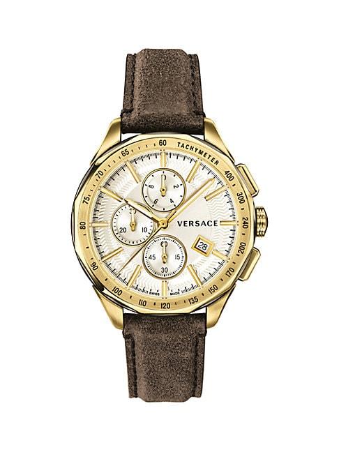 Versace Glaze Stainless Steel Ip Gold Leather Strap Watch