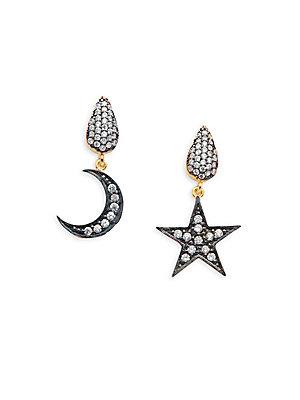 Azaara Crystal And Sterling Silver Moon And Star Drop Earrings