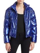 Scripted Faux Patent Leather Puffer Jacket