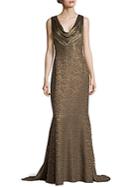 Carmen Marc Valvo Metallic Bead Lace Cowl Gown