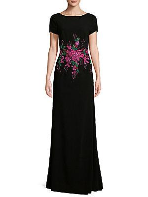David Meister Crepe Floral Embroidered Gown