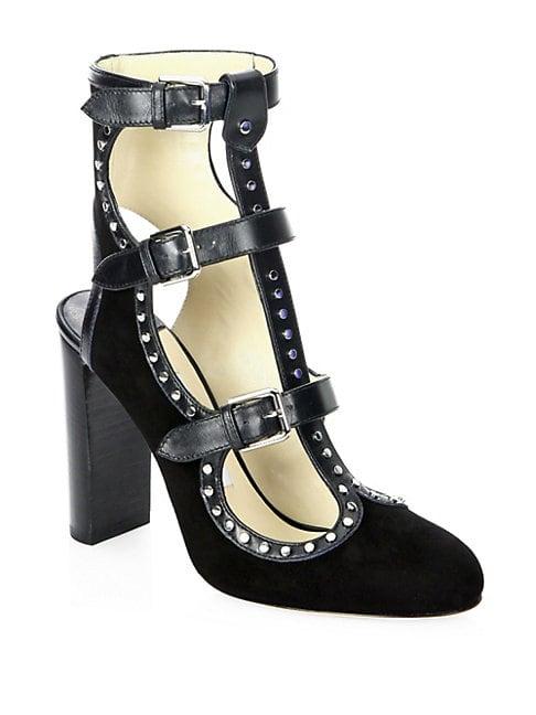 Chlo Studded Leather Block Heel Ankle Pumps