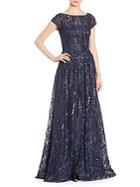 Theia Short Sleeve Embroidered Sequin Gown