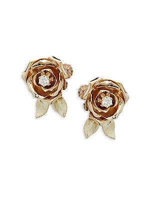 Estate Jewelry Collection Diamond And 14k Yellow Gold Rose Earrings