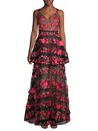 Marchesa Floral-embroidered V-neck Gown