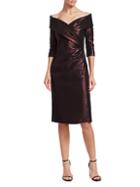 Teri Jon Metallic Portrait Neckline Cocktail Dress