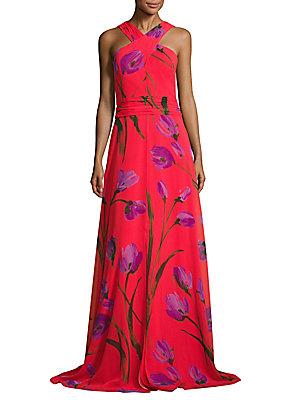 Theia Cross Neck Halter Floral-printed Gown