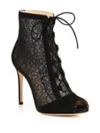 Gianvito Rossi Rebecca Lace & Suede Lace-up Peep Toe Booties