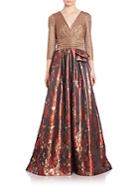 Teri Jon By Rickie Freeman Metallic Jersey & Floral Jacquard Gown