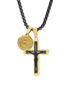 Anthony Jacobs Tri-tone Stainless Steel Crucifix & St. Benedict Pendant Necklace
