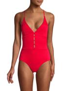 Red Carter Swim Plunge Button-front One-piece Swimsuit