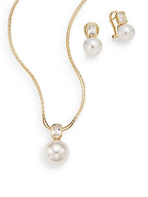 Majorica Ophol 10mm-12mm White Round Pearl & 18k Yellow Gold Vermeil Necklace & Earrings Gift Box Set