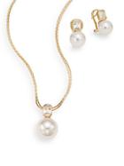 Majorica Ophol 10mm-12mm White Round Pearl & 18k Yellow Gold Vermeil Necklace & Earrings Gift Box Set